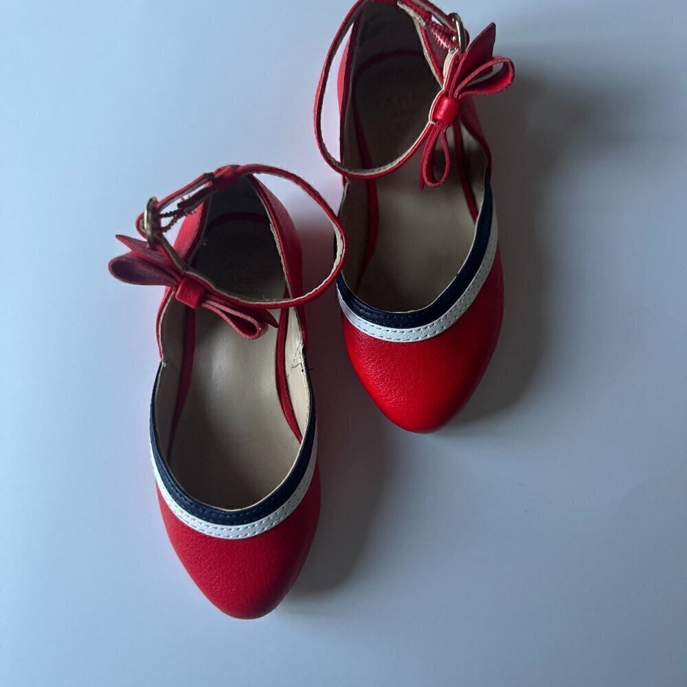 Janie and Jack Girl's Pieced Ballet Flat. Red, white, Navy Blue. Size - 7